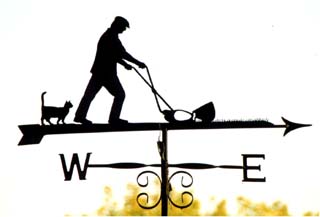 Man mowing with cat weathervane